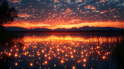 Magical Sunset over Calm Lake with Glowing Lights