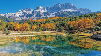 Fototapeta premium Majestic mountain range reflected in tranquil lake with autumnal trees