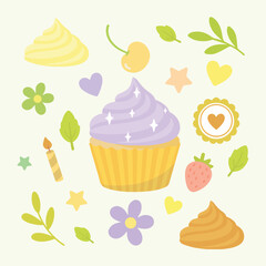 Vector cupcake constructor set - spring sorbet. Vector illustration with pastel toppings, cream and flowers. All elements isolated from light background. EPS file perfect for print, cards, kids theme
