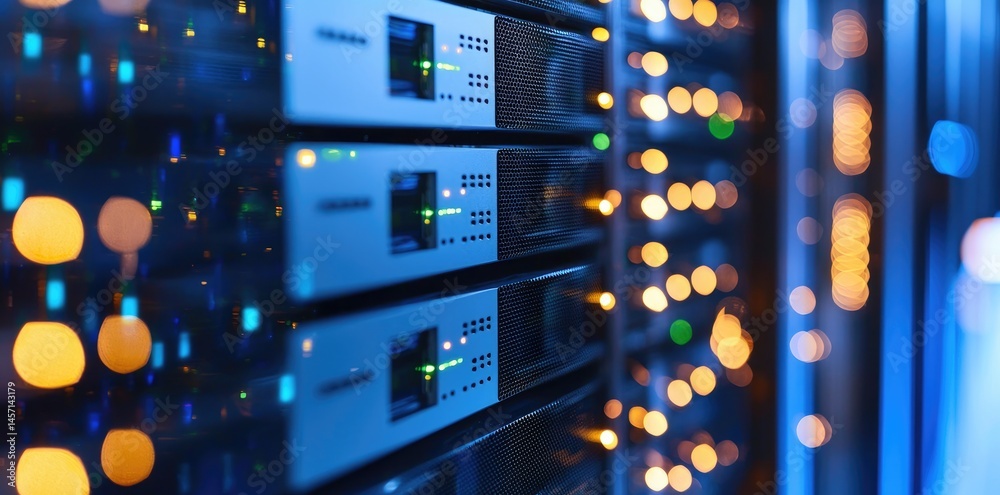 Poster bright blue futuristic server rack corridor with rows of digital equipment and lit connections, emph