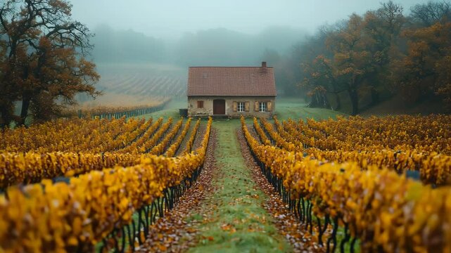 A misty morning in the remote countryside vineyard