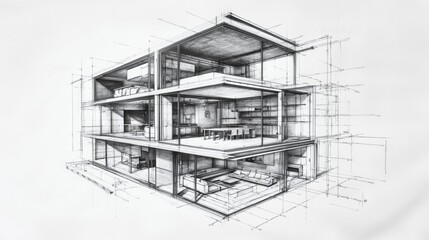 Fototapeta premium Modern architectural design concept featuring a multi-level house with open spaces and sleek lines