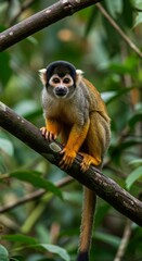 Obraz premium Squirrel Monkey on Branch in Lush Rainforest