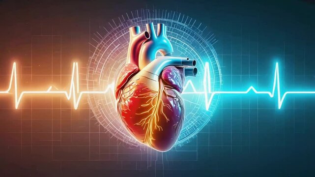 Abstract holographic heart glowing binary code and digital circuits, pulsing beat luminous data waves digital grid, heart rate monitor, futuristic medical cyan, green dark navy, high-tech, digital