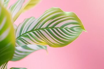 Close-up of vibrant striped plant leaves against a soft pink background.