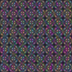 Colorful geometric seamless pattern with neon lines forming abstract polygonal shapes on a dark background. Ideal for modern digital designs, technology themes, and trendy textile prints