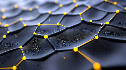 Fototapeta premium An interconnected network of yellow nodes and lines creates an abstract futuristic technological landscape.