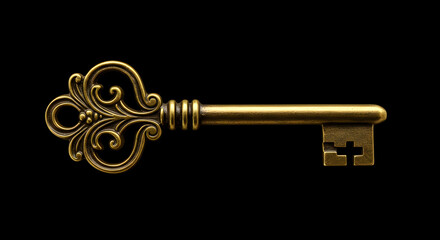Ornate Golden Antique Key Isolated on Black Background Detailed Metalwork