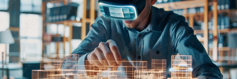 Aufkleber engineer using vr headset to manipulate 3d architectural model in modern office. virtual reality and