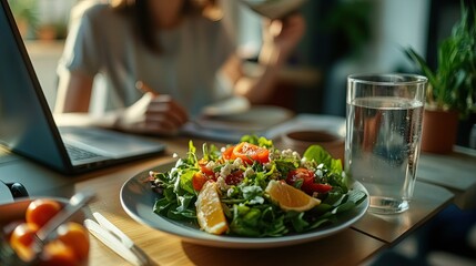 A person seated at a dining table, working on a laptop, with a light salad and a cup of water to promote well-being.