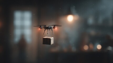Drone Delivery: Futuristic Package Airdrop in Hazy Room Setting