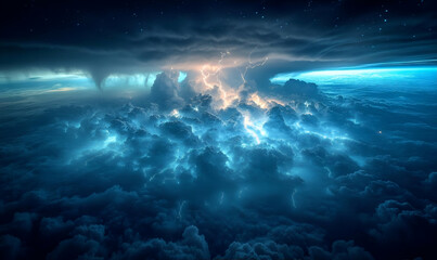 Fototapeta premium Night Storm Aerial View with Intense Lightning and Dark Blue Clouds
