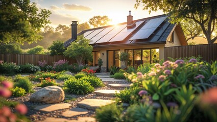Obraz premium A modern home with solar panels on the roof is nestled in a beautifully landscaped garden, bathed in the warm glow of sunset. The peaceful scene showcases sustainable living and natural beauty.