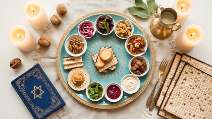 Passover Seder Plate Traditional Symbolic Foods Including Maror Horseradish Karpas Parsley, Zeroa Roasted Shank Bone, Beitzah Egg, Charoset, and Matzah with a Star of David Prayer Book and Kiddush Cup