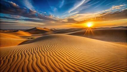 Naklejka premium Desert sand dunes at sunset, desert sun, sandy terrain