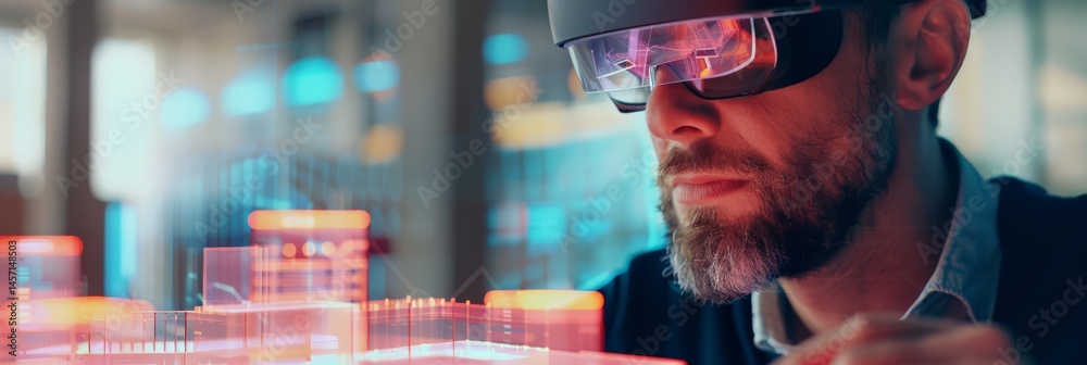 Aufkleber Bearded engineer wearing augmented reality glasses working on a digital city model in a high-tech office. Cutting-edge technology in engineering and architecture.