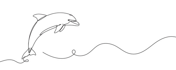 Obraz premium Continuous line drawing of dolphin. One line of dolphin. Sea animal concept, continuous line drawing. Vector illustration.