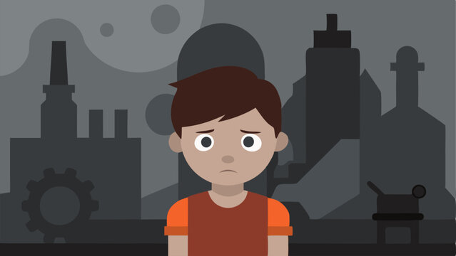 Child Labor A sad depiction of a young child working in a factory with tools too large for them and a dreary atmosphere symbolizing the exploitation of children in industries.