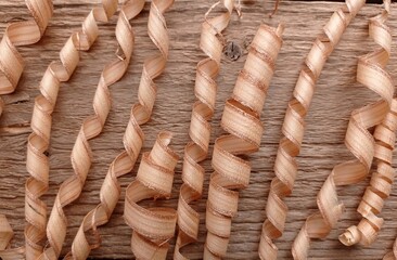 Close up of some curly wood shavings on a wooden table.