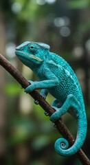Fototapeta premium Blue Chameleon on Branch In Lush Green Forest