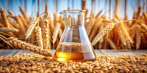 Close-up of bioethanol pouring from a beaker into a laboratory flask surrounded by wheat and barley grains, highlighting the liquid's viscosity and texture, chemical reaction, laboratory equipment