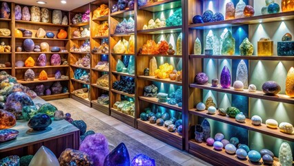 A serene room filled with crystals and precious stones in various colors and shapes , crystal shop