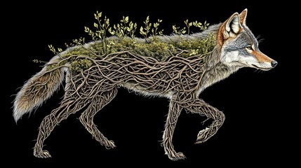 Obraz premium A coyote's form seamlessly merges with foliage, creating an artistic wildlife scene