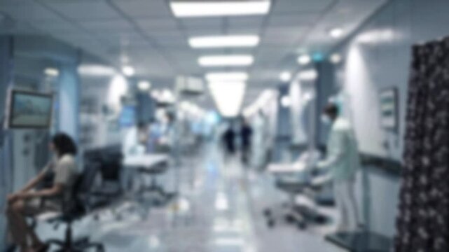 Blurred background of a hospital interior with medical equipment and people in motion, a light blue color theme. People working in clinic
