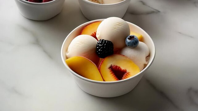 Delicious ice cream cups with various fruits, a delightful summer treat to enjoy and share with family and friends on a warm day.