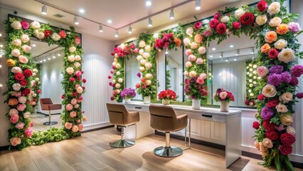 Modern compact salon with vibrant floral installation amidst soft lighting, interior design inspiration, modern interior