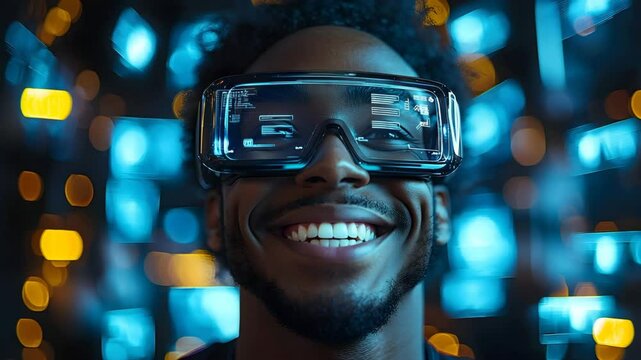 A visionary business leader evaluating future innovations through a holographic interface