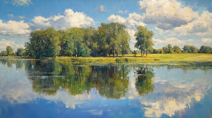 Fototapeta premium Reflection of Trees in Lake â€“ Summer Oil 
