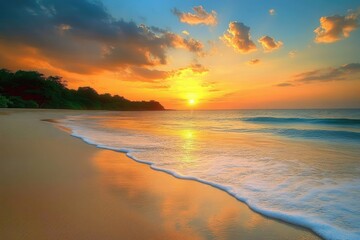 Obraz premium Scenic Ocean Beach View with Golden Sunrise, Waves, Sand, and Coastal Trees