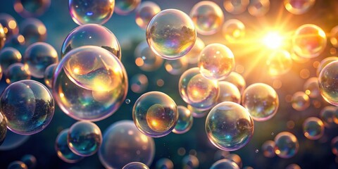 A cluster of radiant bubbles float together in a delicate dance, their soft luminescence illuminating the surrounding air , gentle, transparent