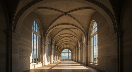 Sunlit Stone Hallway with Vaulted Ceiling and Archways
