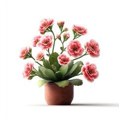 Fototapeta premium Pink Kalanchoe Blossoms in Terracotta Pot, White Background
