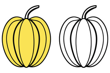 Isolated yellow cartoon pumpkin shows one version with solid colors and a line art