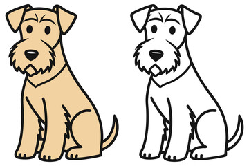 An adorable cartoon terrier dog poses with color and line art versions sitting together