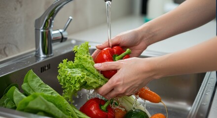 Washing fresh vegetables under running water