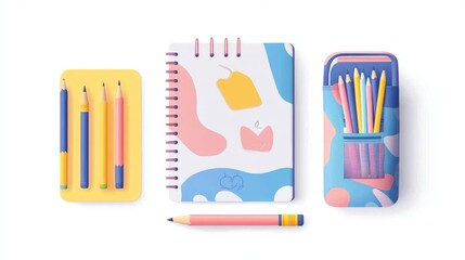 Colorful set of school notebooks and a pencil case filled with writing tools on a clean white isolated background
