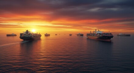 Obraz premium Cargo Ships at Sunset on the Ocean