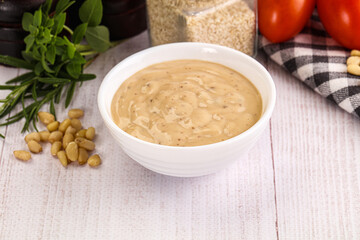 Delicious walnut creamy sauce in the bowl