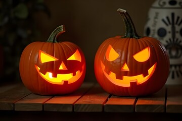 Obraz premium Spooky Halloween Pumpkin Display on Rustic Wooden Table