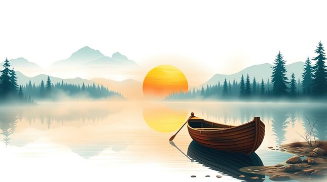 Tranquil sunrise by the lake: A lone rowboat rests peacefully on the calm lake, with the glowing sun rising over the misty mountains in the distance. The scene exudes a sense of serenity.