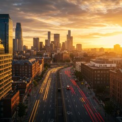 Obraz premium City Skyline at Sunset with Traffic on Road