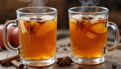 Warm Apple Cider with Cinnamon and Star Anise in Glass Mugs.
