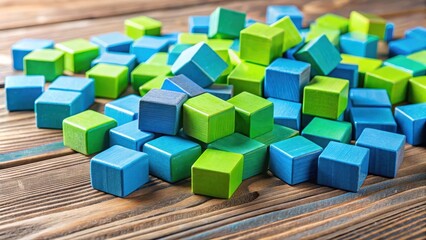 Colorful wooden toy blocks with bright blue and green bricks scattered on a wooden table