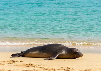 Naklejka premium Dark Seal Resting on Sandy Beach near Turquoise Ocean