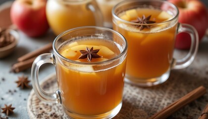 Warm Apple Cider with Cinnamon and Star Anise in Glass Mugs.