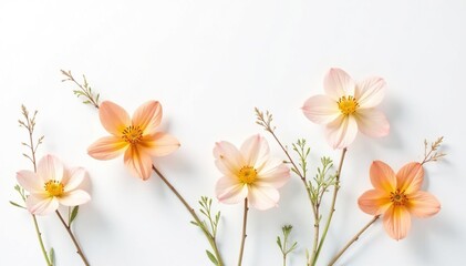Fototapeta premium Delicate, minimalist floral sprigs on white background, elegant, simple, vintage